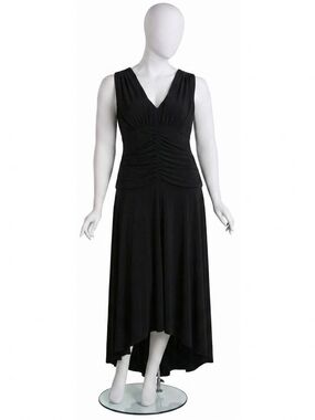 Algo Ruched V-Neck Hi-Lo Midi Dress Size 10 Black Made in Canada